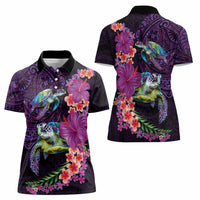 Hawaiian Plumeria and Hibiscus with Turtles Women Polo Shirt Polynesian Art Purple Color LT03 - Polynesian Pride