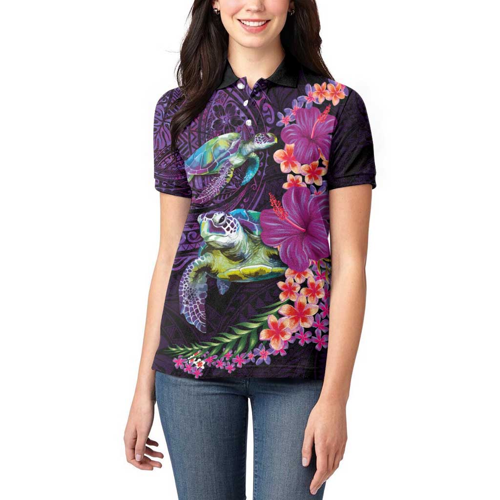 Hawaiian Plumeria and Hibiscus with Turtles Women Polo Shirt Polynesian Art Purple Color LT03 - Polynesian Pride