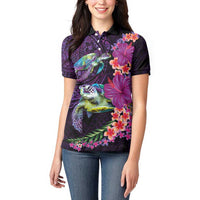 Hawaiian Plumeria and Hibiscus with Turtles Women Polo Shirt Polynesian Art Purple Color LT03 - Polynesian Pride