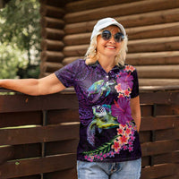 Hawaiian Plumeria and Hibiscus with Turtles Women Polo Shirt Polynesian Art Purple Color LT03 - Polynesian Pride