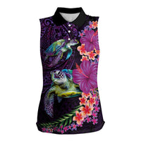 Hawaiian Plumeria and Hibiscus with Turtles Women Sleeveless Polo Shirt Polynesian Art Purple Color LT03 Female Purple - Polynesian Pride