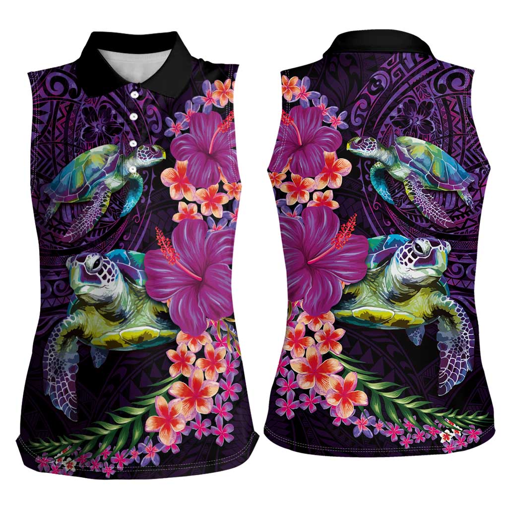 Hawaiian Plumeria and Hibiscus with Turtles Women Sleeveless Polo Shirt Polynesian Art Purple Color LT03 - Polynesian Pride