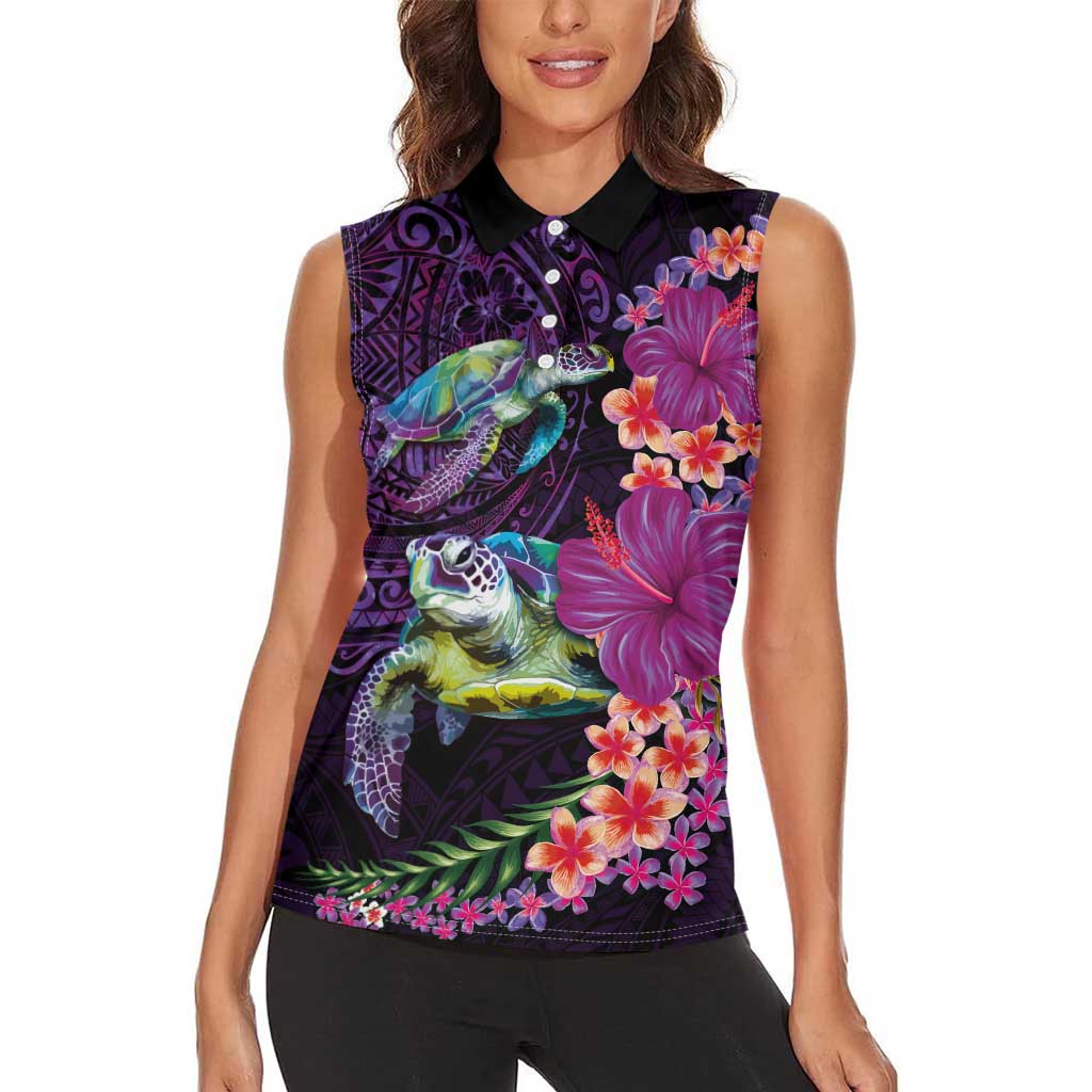 Hawaiian Plumeria and Hibiscus with Turtles Women Sleeveless Polo Shirt Polynesian Art Purple Color LT03 - Polynesian Pride