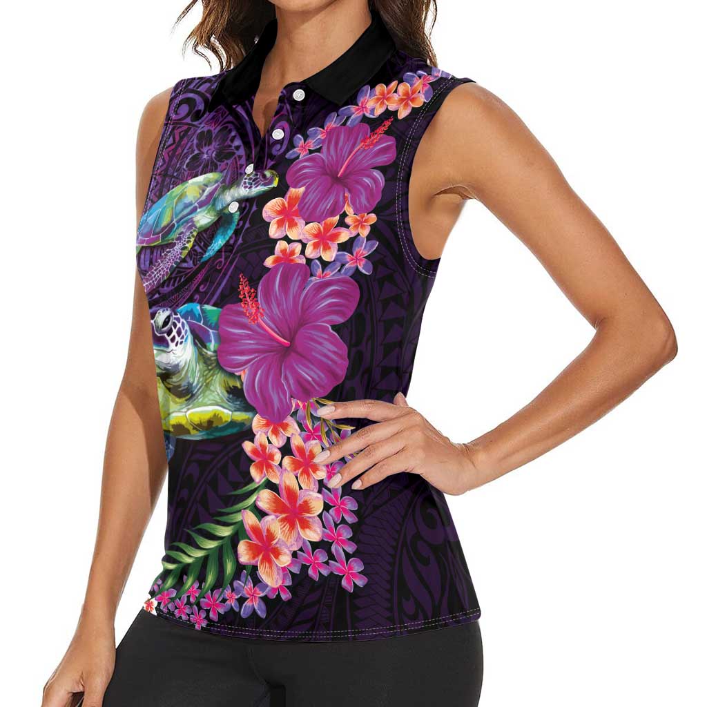 Hawaiian Plumeria and Hibiscus with Turtles Women Sleeveless Polo Shirt Polynesian Art Purple Color LT03 - Polynesian Pride