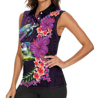 Hawaiian Plumeria and Hibiscus with Turtles Women Sleeveless Polo Shirt Polynesian Art Purple Color LT03 - Polynesian Pride