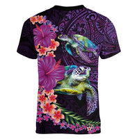 Hawaiian Plumeria and Hibiscus with Turtles Women V-Neck T-Shirt Polynesian Art Purple Color LT03 - Polynesian Pride