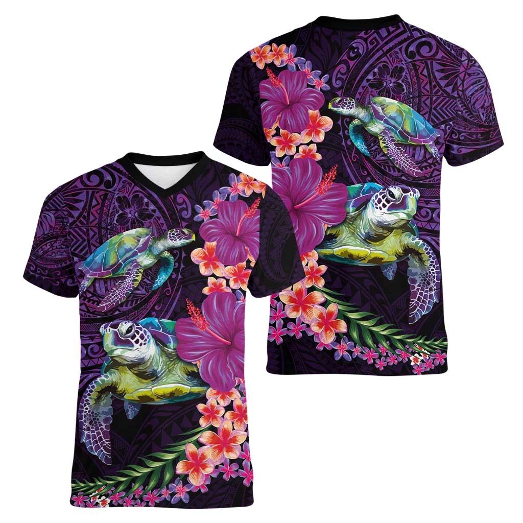 Hawaiian Plumeria and Hibiscus with Turtles Women V-Neck T-Shirt Polynesian Art Purple Color LT03 - Polynesian Pride