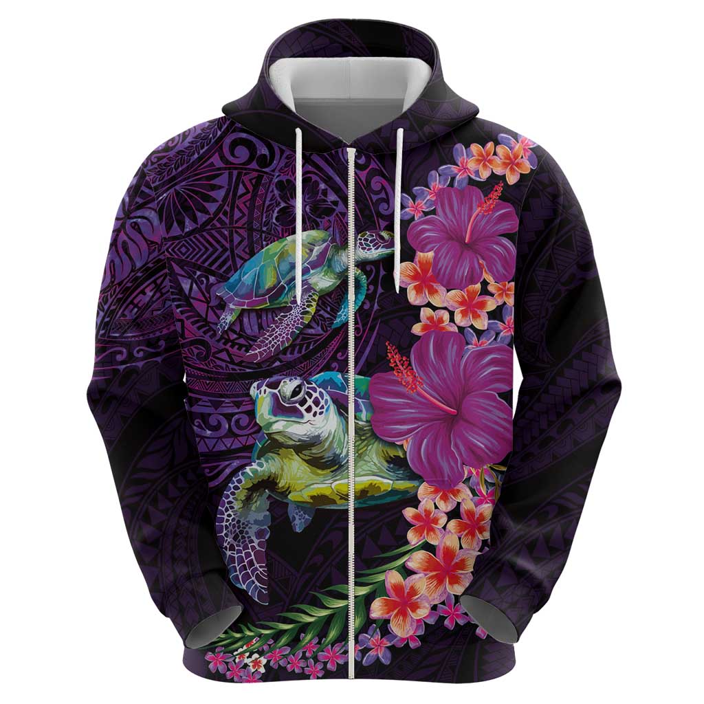Hawaiian Plumeria and Hibiscus with Turtles Zip Hoodie Polynesian Art Purple Color LT03 - Polynesian Pride