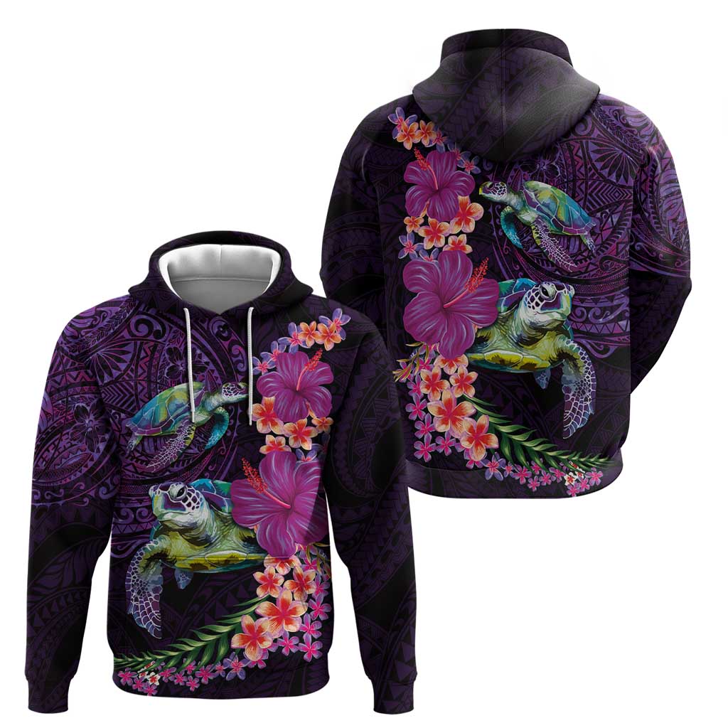 Hawaiian Plumeria and Hibiscus with Turtles Zip Hoodie Polynesian Art Purple Color LT03 - Polynesian Pride