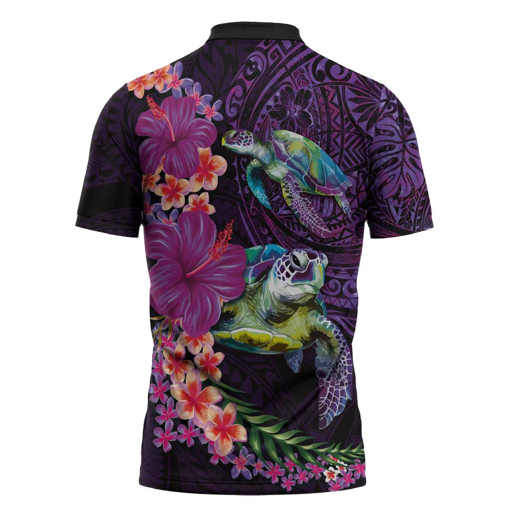 Hawaiian Plumeria and Hibiscus with Turtles Zipper Polo Shirt Polynesian Art Purple Color LT03 - Polynesian Pride