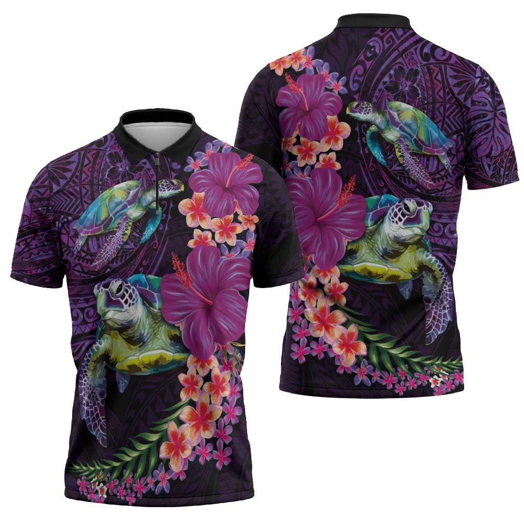 Hawaiian Plumeria and Hibiscus with Turtles Zipper Polo Shirt Polynesian Art Purple Color LT03 - Polynesian Pride