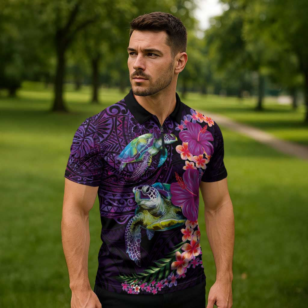 Hawaiian Plumeria and Hibiscus with Turtles Zipper Polo Shirt Polynesian Art Purple Color LT03 - Polynesian Pride