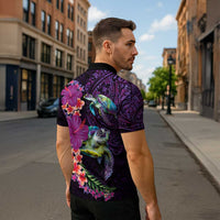 Hawaiian Plumeria and Hibiscus with Turtles Zipper Polo Shirt Polynesian Art Purple Color LT03 - Polynesian Pride