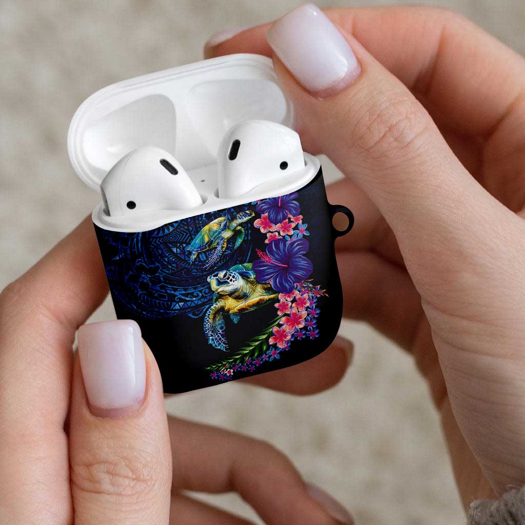 Hawaiian Plumeria and Hibiscus with Turtles AirPods Case Polynesian Art Dark Cyan Color LT03 - Polynesian Pride