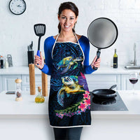 Hawaiian Plumeria and Hibiscus with Turtles Apron Polynesian Art Dark Cyan Color - Polynesian Pride