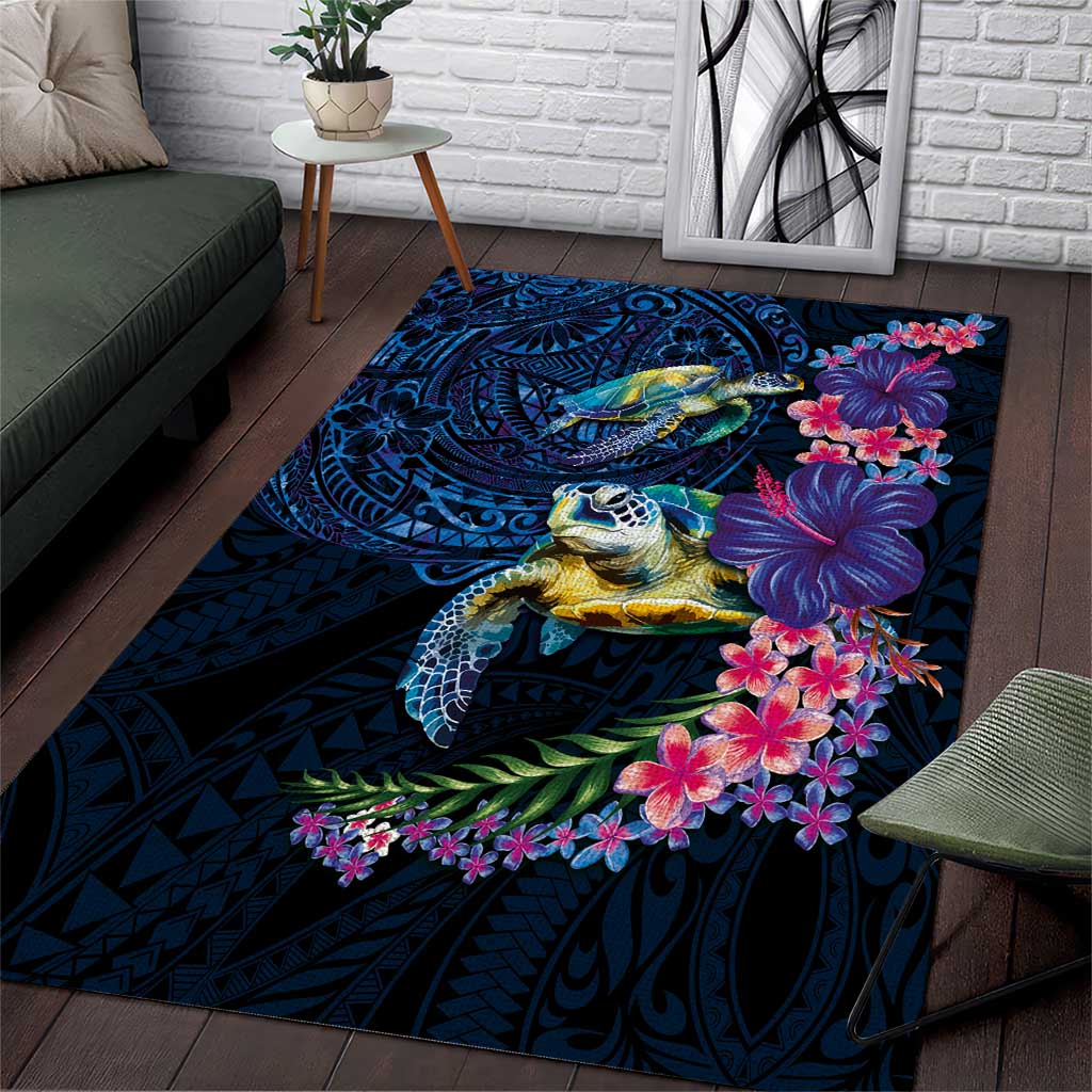 Hawaiian Plumeria and Hibiscus with Turtles Area Rug Polynesian Art Dark Cyan Color LT03 Dark Cyan - Polynesian Pride