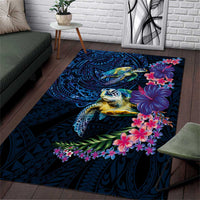 Hawaiian Plumeria and Hibiscus with Turtles Area Rug Polynesian Art Dark Cyan Color LT03 Dark Cyan - Polynesian Pride