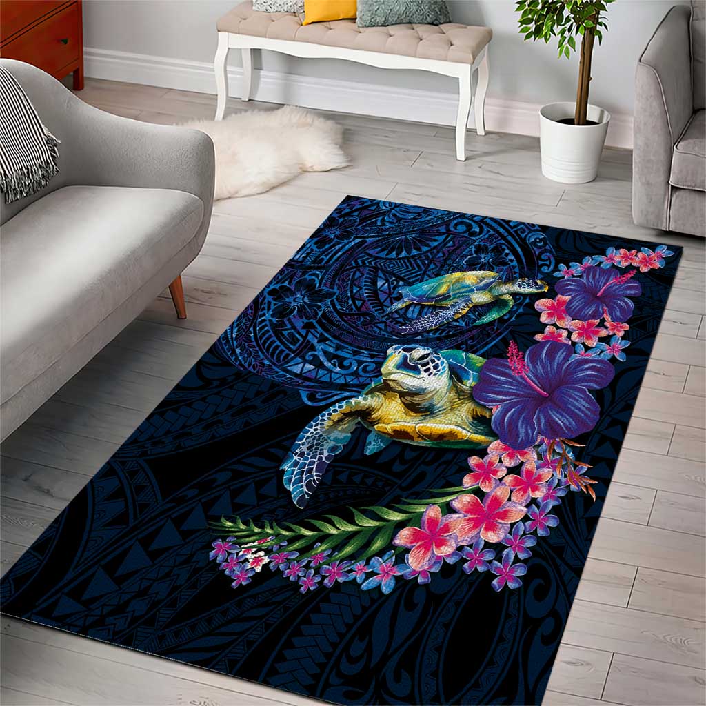 Hawaiian Plumeria and Hibiscus with Turtles Area Rug Polynesian Art Dark Cyan Color LT03 - Polynesian Pride