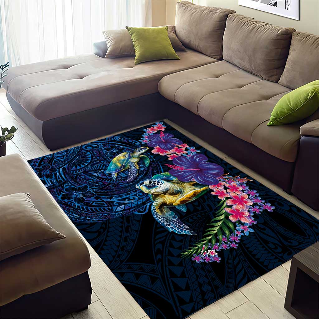 Hawaiian Plumeria and Hibiscus with Turtles Area Rug Polynesian Art Dark Cyan Color LT03 - Polynesian Pride