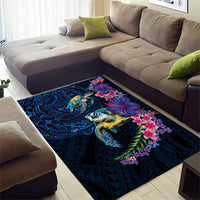 Hawaiian Plumeria and Hibiscus with Turtles Area Rug Polynesian Art Dark Cyan Color LT03 - Polynesian Pride