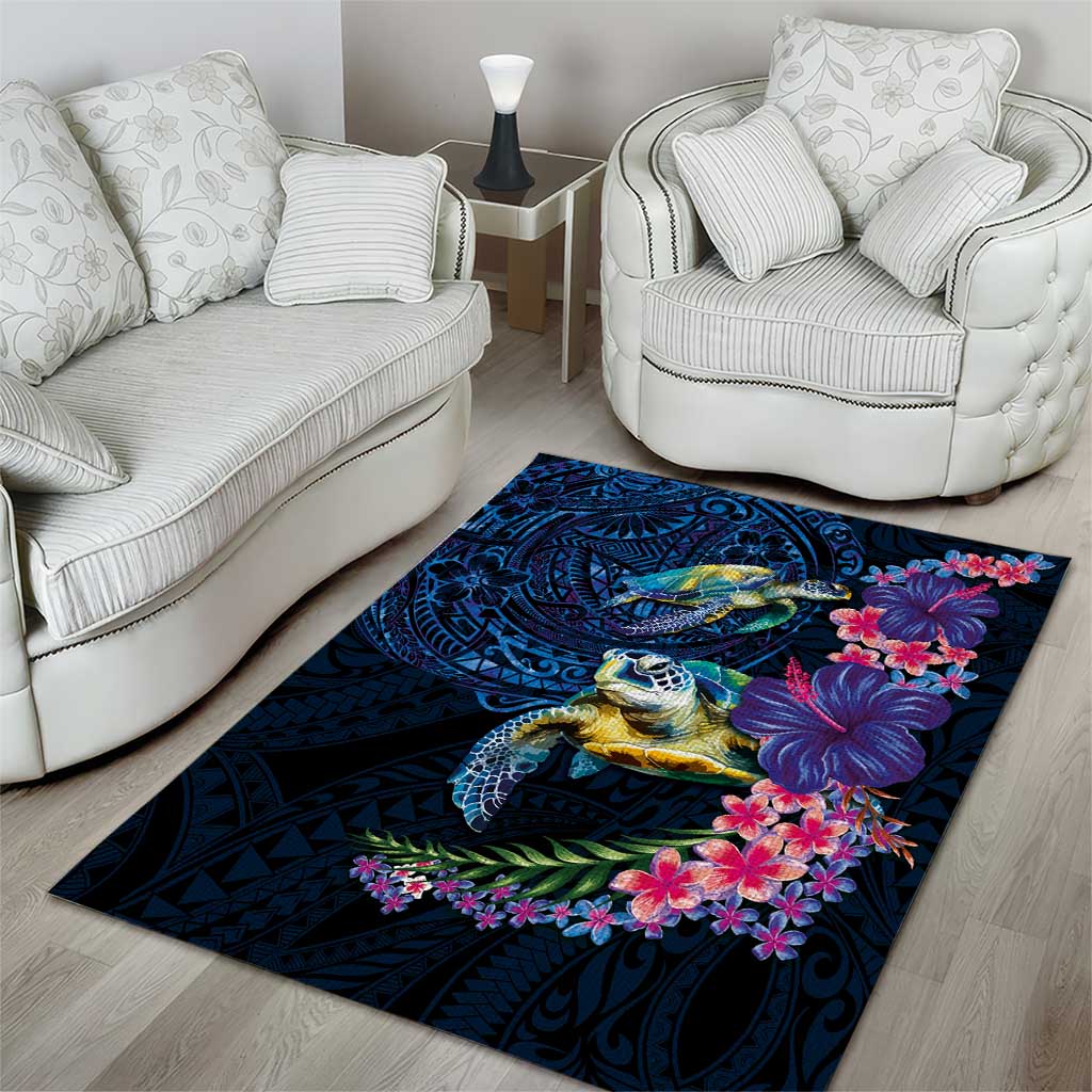 Hawaiian Plumeria and Hibiscus with Turtles Area Rug Polynesian Art Dark Cyan Color LT03 - Polynesian Pride