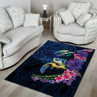 Hawaiian Plumeria and Hibiscus with Turtles Area Rug Polynesian Art Dark Cyan Color LT03 - Polynesian Pride