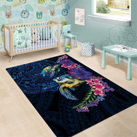 Hawaiian Plumeria and Hibiscus with Turtles Area Rug Polynesian Art Dark Cyan Color LT03 - Polynesian Pride