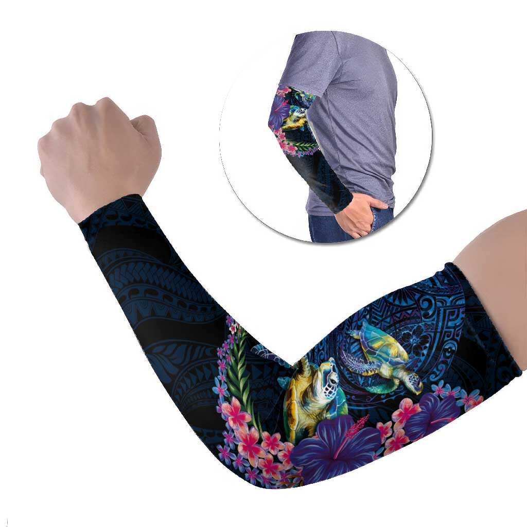Hawaiian Plumeria and Hibiscus with Turtles Arm Sleeves Polynesian Art Dark Cyan Color - Polynesian Pride
