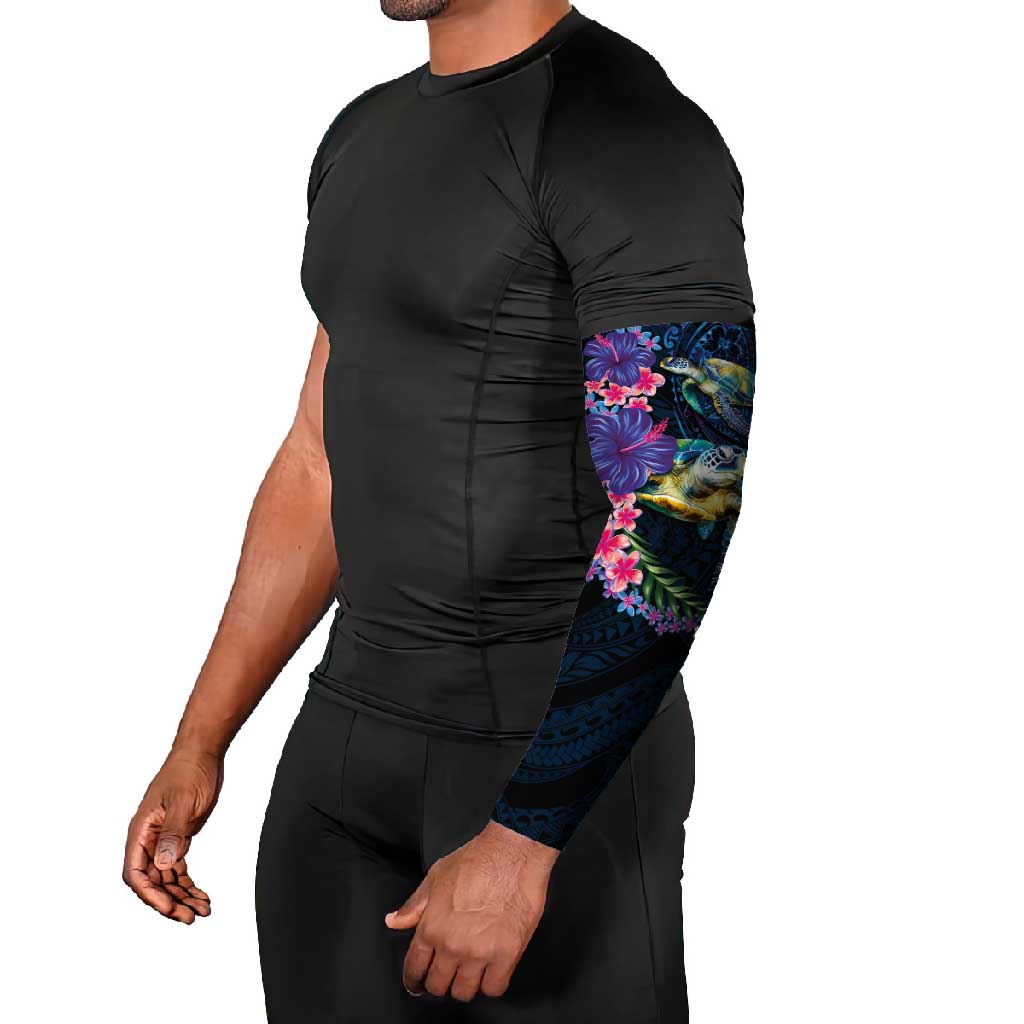 Hawaiian Plumeria and Hibiscus with Turtles Arm Sleeves Polynesian Art Dark Cyan Color LT03 - Polynesian Pride
