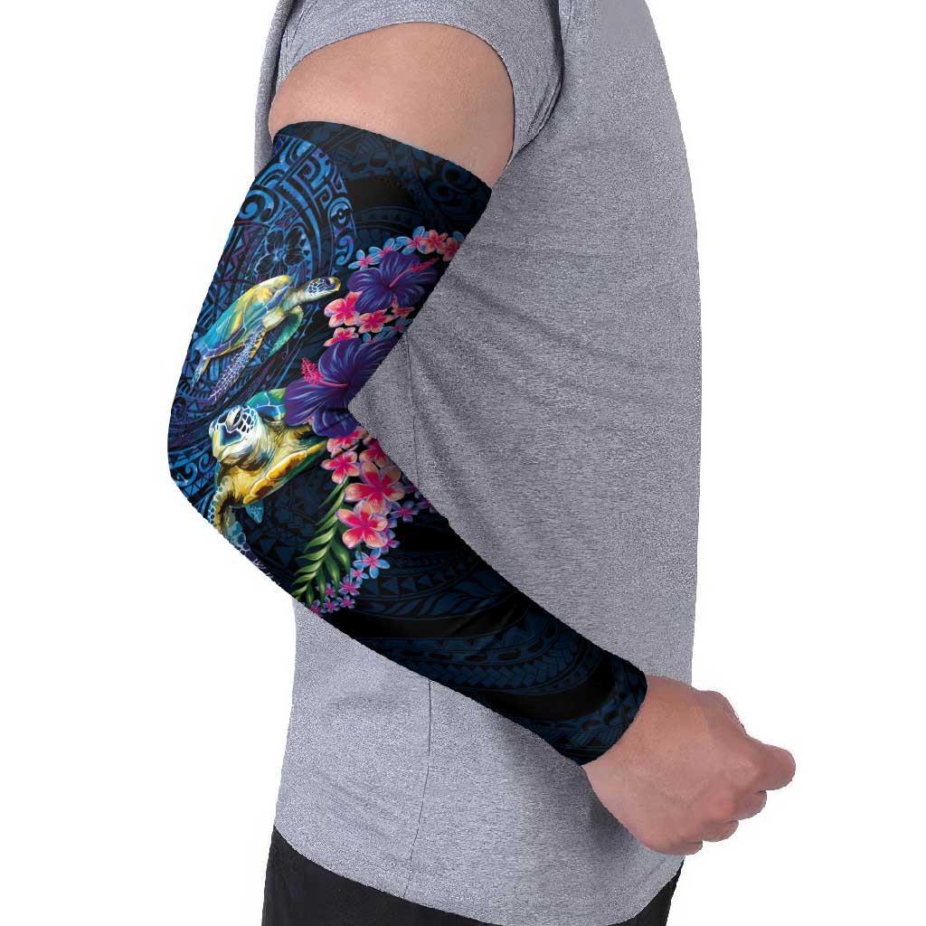 Hawaiian Plumeria and Hibiscus with Turtles Arm Sleeves Polynesian Art Dark Cyan Color LT03 - Polynesian Pride