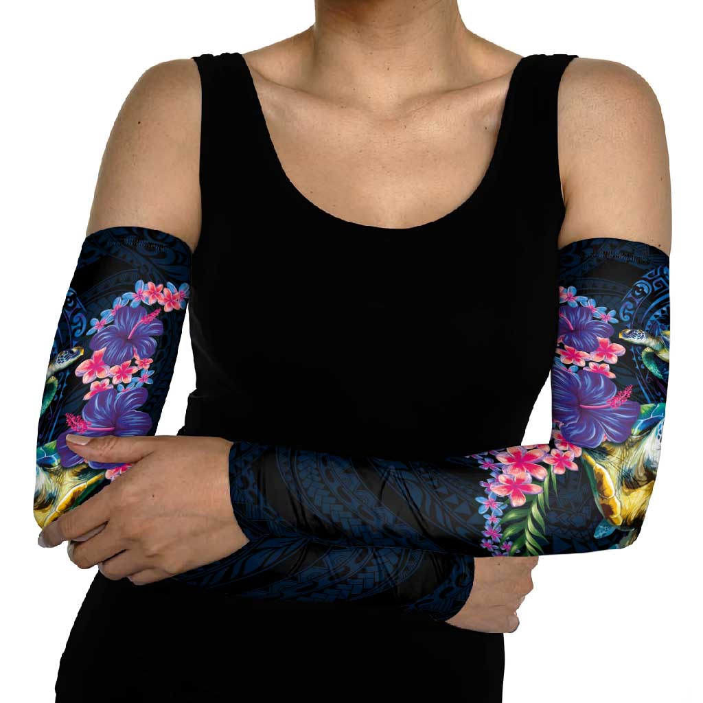 Hawaiian Plumeria and Hibiscus with Turtles Arm Sleeves Polynesian Art Dark Cyan Color LT03 - Polynesian Pride
