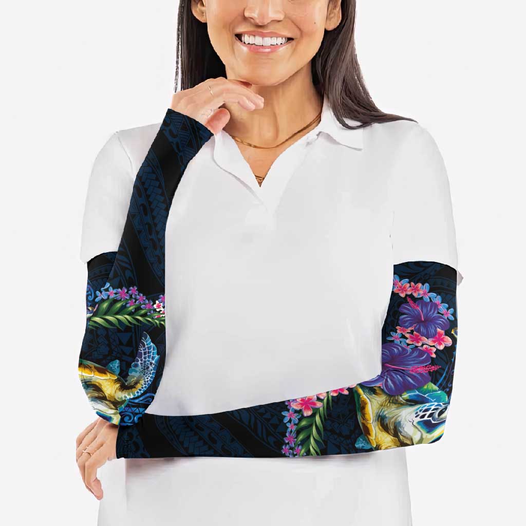 Hawaiian Plumeria and Hibiscus with Turtles Arm Sleeves Polynesian Art Dark Cyan Color LT03 - Polynesian Pride