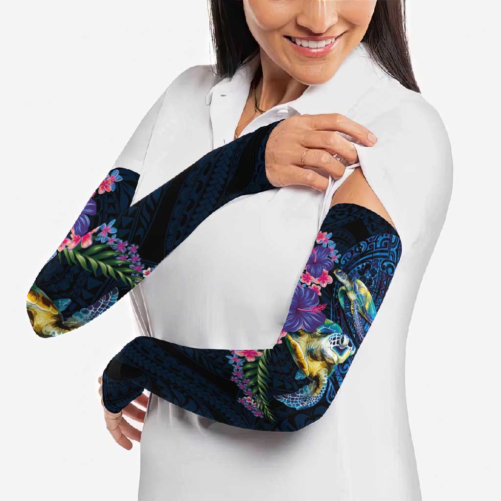 Hawaiian Plumeria and Hibiscus with Turtles Arm Sleeves Polynesian Art Dark Cyan Color LT03 - Polynesian Pride