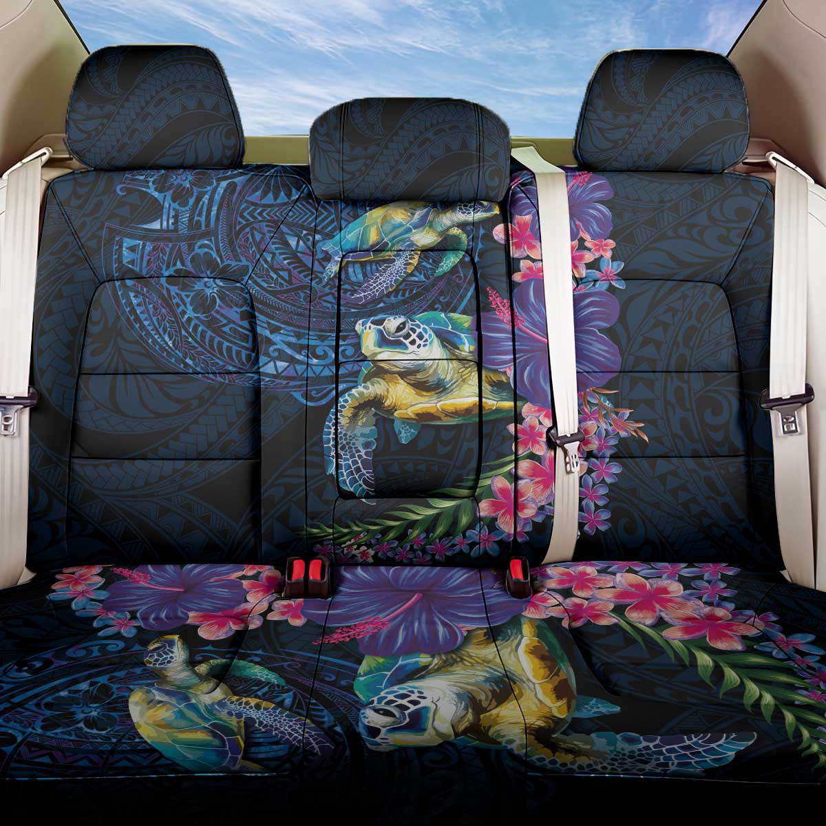 Hawaiian Plumeria and Hibiscus with Turtles Back Car Seat Cover Polynesian Art Dark Cyan Color LT03 One Size Dark Cyan - Polynesian Pride