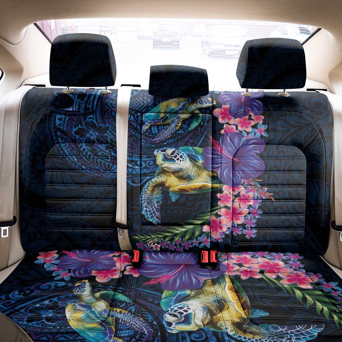 Hawaiian Plumeria and Hibiscus with Turtles Back Car Seat Cover Polynesian Art Dark Cyan Color LT03 - Polynesian Pride