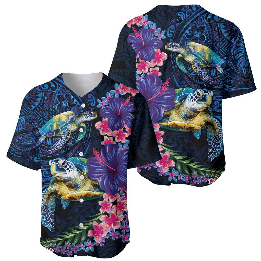 Hawaiian Plumeria and Hibiscus with Turtles Baseball Jersey Polynesian Art Dark Cyan Color LT03 - Polynesian Pride