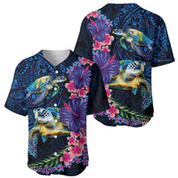 Hawaiian Plumeria and Hibiscus with Turtles Baseball Jersey Polynesian Art Dark Cyan Color LT03 - Polynesian Pride