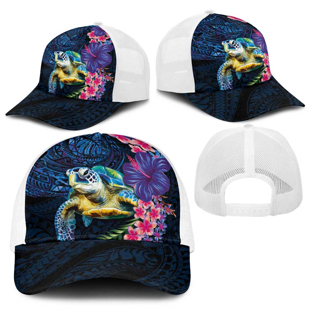 Hawaiian Plumeria and Hibiscus with Turtles Baseball Net Cap Polynesian Art Dark Cyan Color - Polynesian Pride