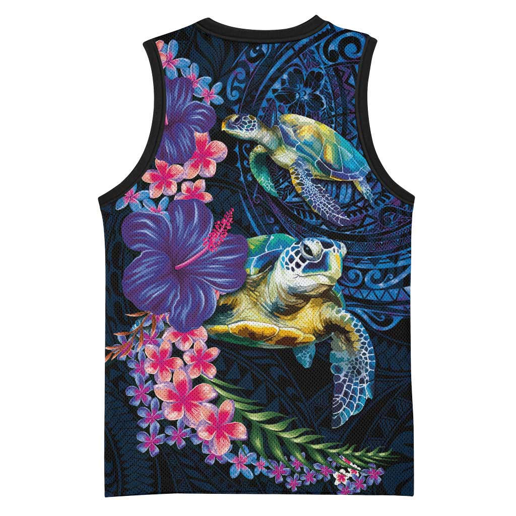 Hawaiian Plumeria and Hibiscus with Turtles Basketball Jersey Polynesian Art Dark Cyan Color LT03 - Polynesian Pride