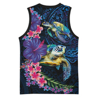 Hawaiian Plumeria and Hibiscus with Turtles Basketball Jersey Polynesian Art Dark Cyan Color LT03 - Polynesian Pride
