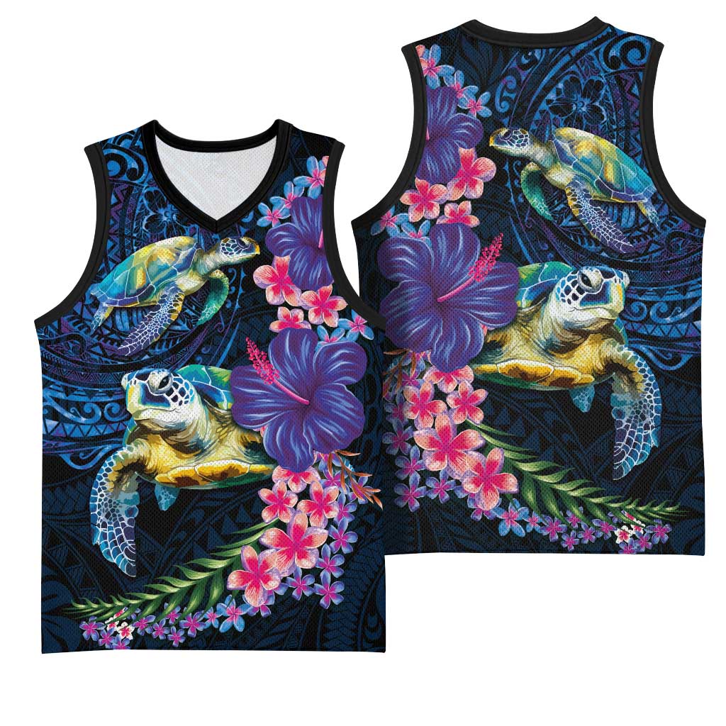 Hawaiian Plumeria and Hibiscus with Turtles Basketball Jersey Polynesian Art Dark Cyan Color LT03 - Polynesian Pride