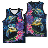Hawaiian Plumeria and Hibiscus with Turtles Basketball Jersey Polynesian Art Dark Cyan Color LT03 - Polynesian Pride