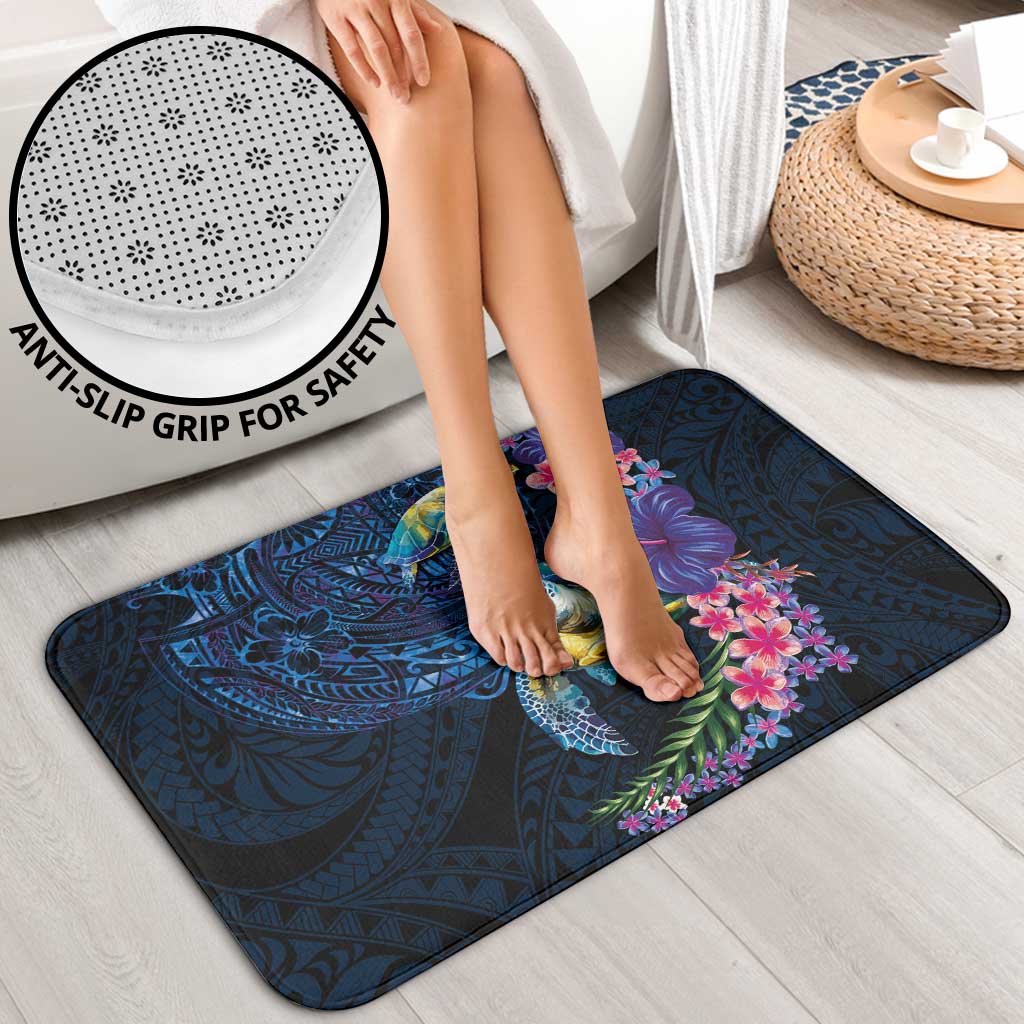 Hawaiian Plumeria and Hibiscus with Turtles Bathroom Set Polynesian Art Dark Cyan Color - Polynesian Pride
