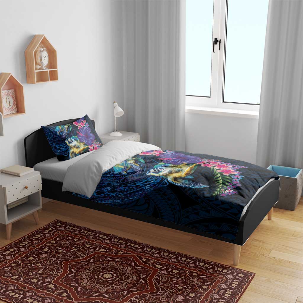 Hawaiian Plumeria and Hibiscus with Turtles Bedding Set Polynesian Art Dark Cyan Color - Polynesian Pride