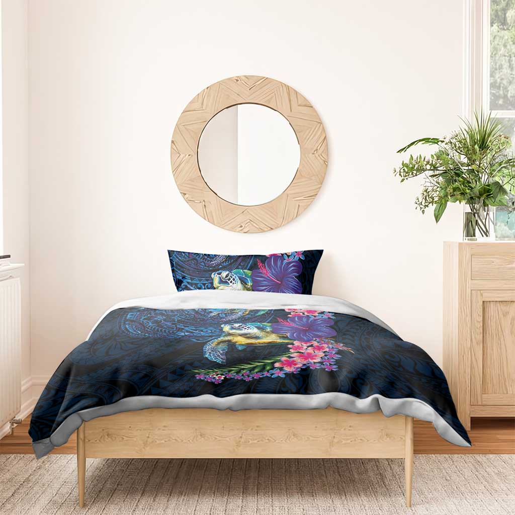 Hawaiian Plumeria and Hibiscus with Turtles Bedding Set Polynesian Art Dark Cyan Color - Polynesian Pride