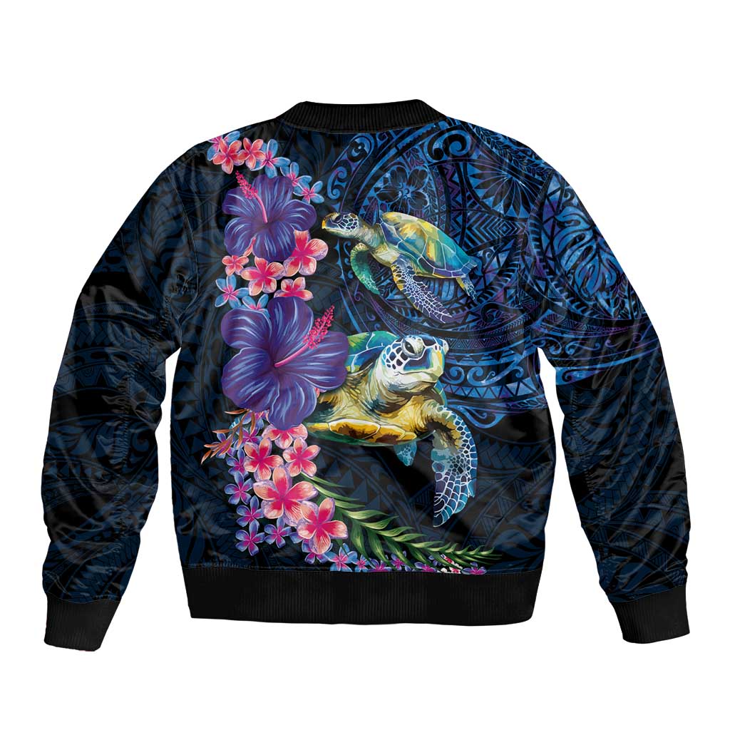 Hawaiian Plumeria and Hibiscus with Turtles Bomber Jacket Polynesian Art Dark Cyan Color - Polynesian Pride