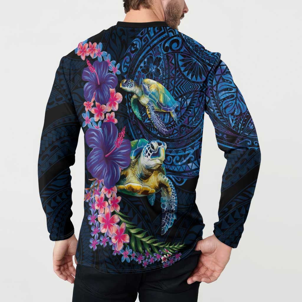 Hawaiian Plumeria and Hibiscus with Turtles Button Sweatshirt Polynesian Art Dark Cyan Color - Polynesian Pride