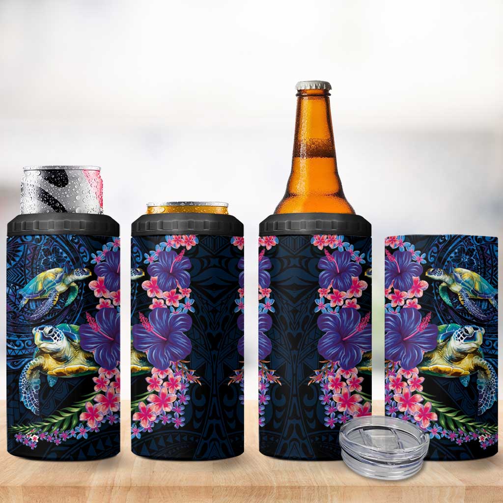 Hawaiian Plumeria and Hibiscus with Turtles 4 in 1 Can Cooler Tumbler Polynesian Art Dark Cyan Color LT03 - Polynesian Pride