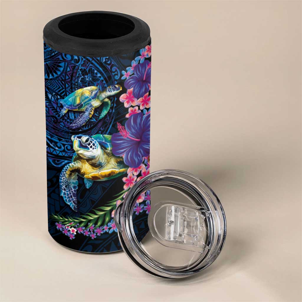 Hawaiian Plumeria and Hibiscus with Turtles 4 in 1 Can Cooler Tumbler Polynesian Art Dark Cyan Color LT03 - Polynesian Pride