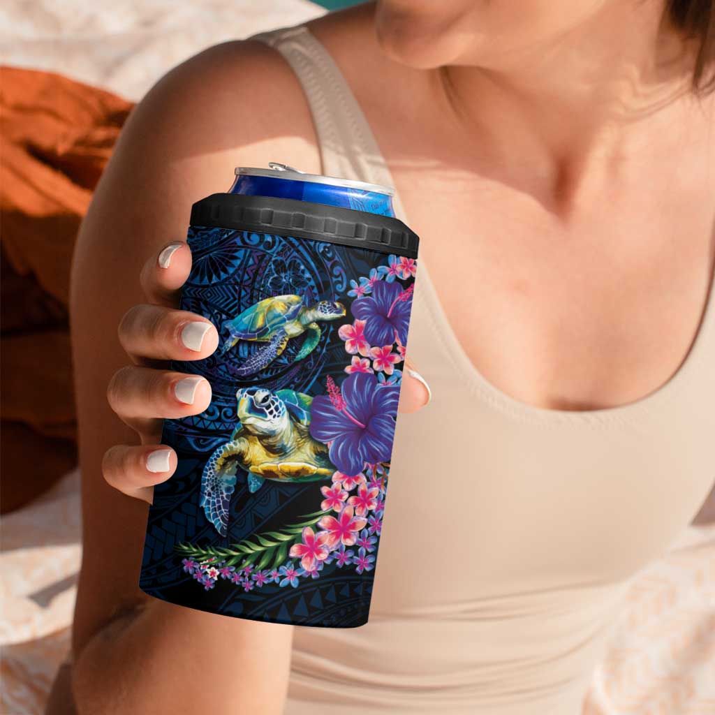 Hawaiian Plumeria and Hibiscus with Turtles 4 in 1 Can Cooler Tumbler Polynesian Art Dark Cyan Color LT03 - Polynesian Pride
